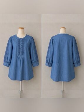 Chico’s Blue Chambray Embroidered Tunic Top Women Size 1 US 8/10 Boho